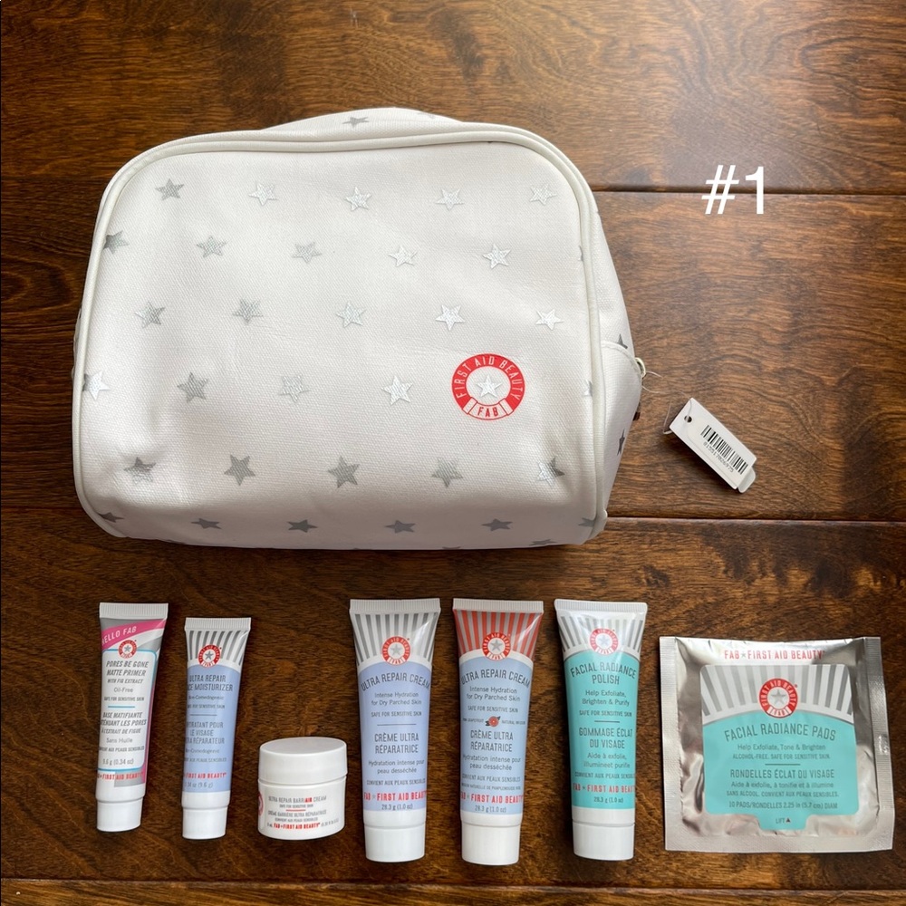 New First Aid Beauty FAB Bundle Cleanser Radiance Pads Polish Ultra Repair & Bag